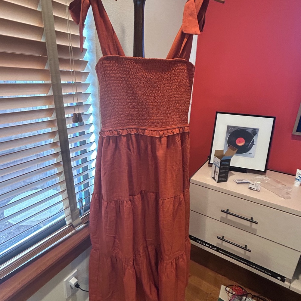 Pinkblush Rust Tie-Shoulder Smocked Midi Dress - Picture 3 of 5